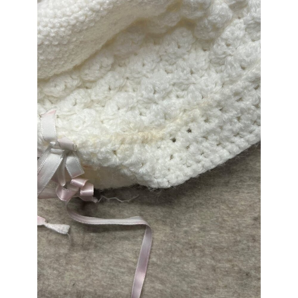 Vintage Handmade White Newborn Knit Cardigan Hat Infant Sweater Bonnet Cap Set - Picture 5 of 5